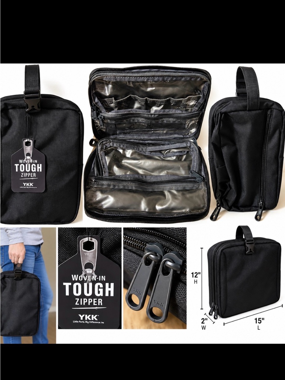 Black Multi Compartment Organizer Travel Bag YKK Zippers Adjustable Strap